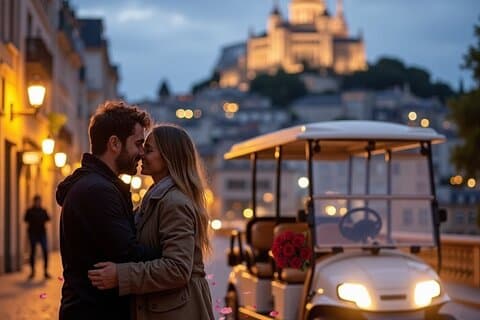 A romantic Paris by night moment in a private golf cart, perfect for couples and Valentine’s Day.