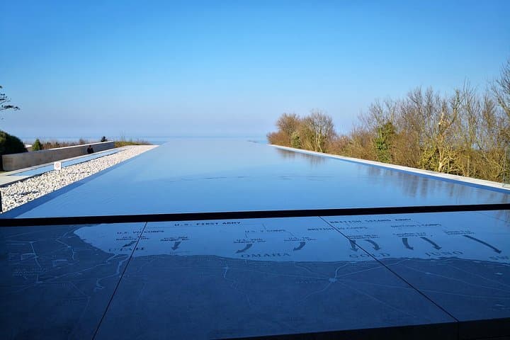 Omaha Beach, Normandy. U.S Military Cemetery in Colleville-sur-Mer. A magnificent infinity pool stretches out to