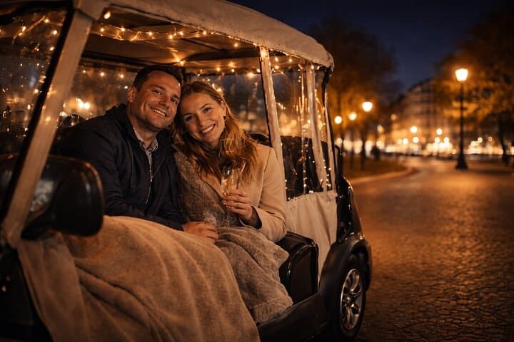 Enjoy a romantic private night tour through Paris in a cozy electric golf cart