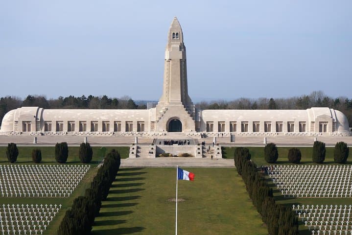 The Douamont ossuary is a memorial containing the remains of both French and German soldiers who died on the Verdun battlefield. Through small outside windows, the skeletal remains of at least 130,000