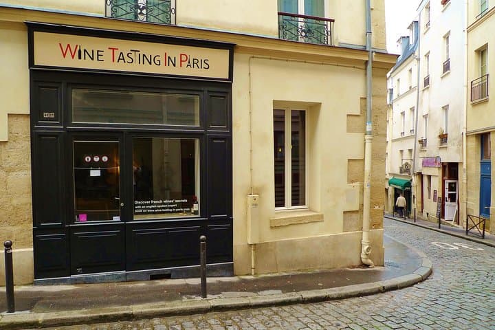 Wine shop in a cobblestone street of Latin Quarter