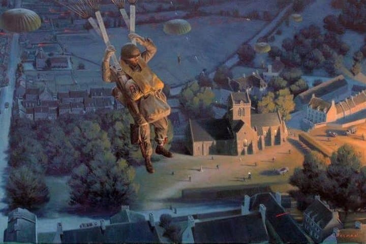 U.S Paratrooper flying above Sainte Mère Eglise (painting)