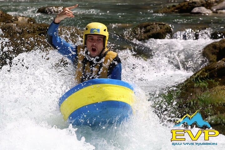 Whitewater swimming (Hydrospeed) on the Durance