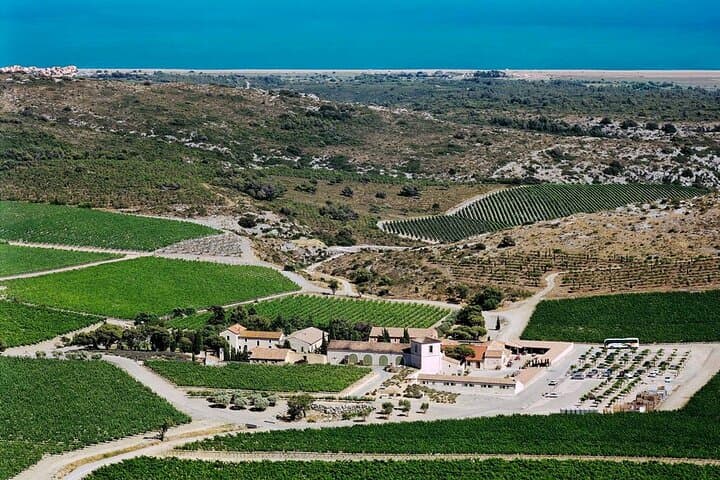 Château l'Hospitalet seen from the sky with the vineyards and the sea