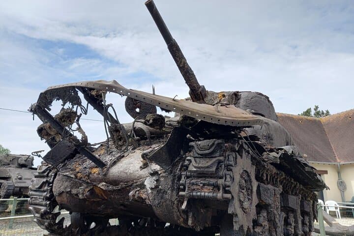 Duplex Drive Sherman pulled out of the sea in front of Omaha beach several decades after D-Day (D-Day wrecks Museum, Commes)