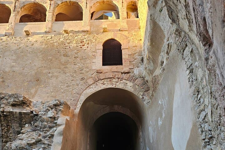 Ancient connection tunnel leading from the lower seaside entry level of Fort St Jean, through to the Place aux Armes in the higher level of Fort St Jean.
