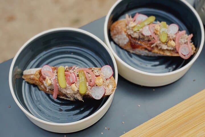 Small toasts featuring the celebrated rillettes d'oie with home made pickled veggies.
