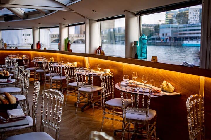 Elegant dining room with panoramic river views.