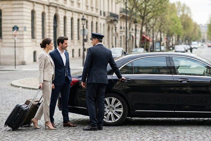 Our professional VTC driver greets a couple in Paris as they arrive in a Mercedes E-Class, offering personalized, premium, and comfortable service.