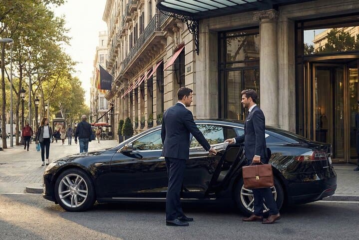 Our professional VTC driver arrives on time in front of a hotel, delivering a punctual, discreet and premium private transfer.